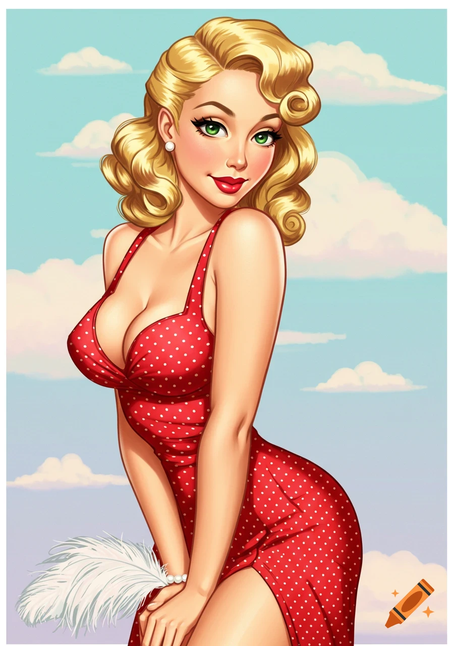 An illustrated pin-up girl with blonde hair and green eyes in a red polka dot dress, holding a white feather fan, against a blue sky.