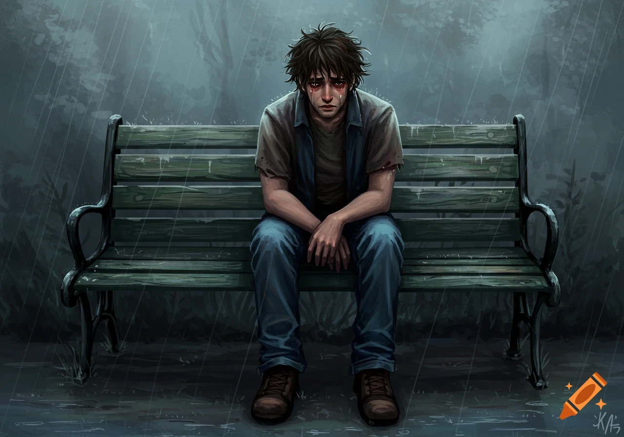An illustration of a sad person with tear-streaked eyes sitting on a park bench in the rain.