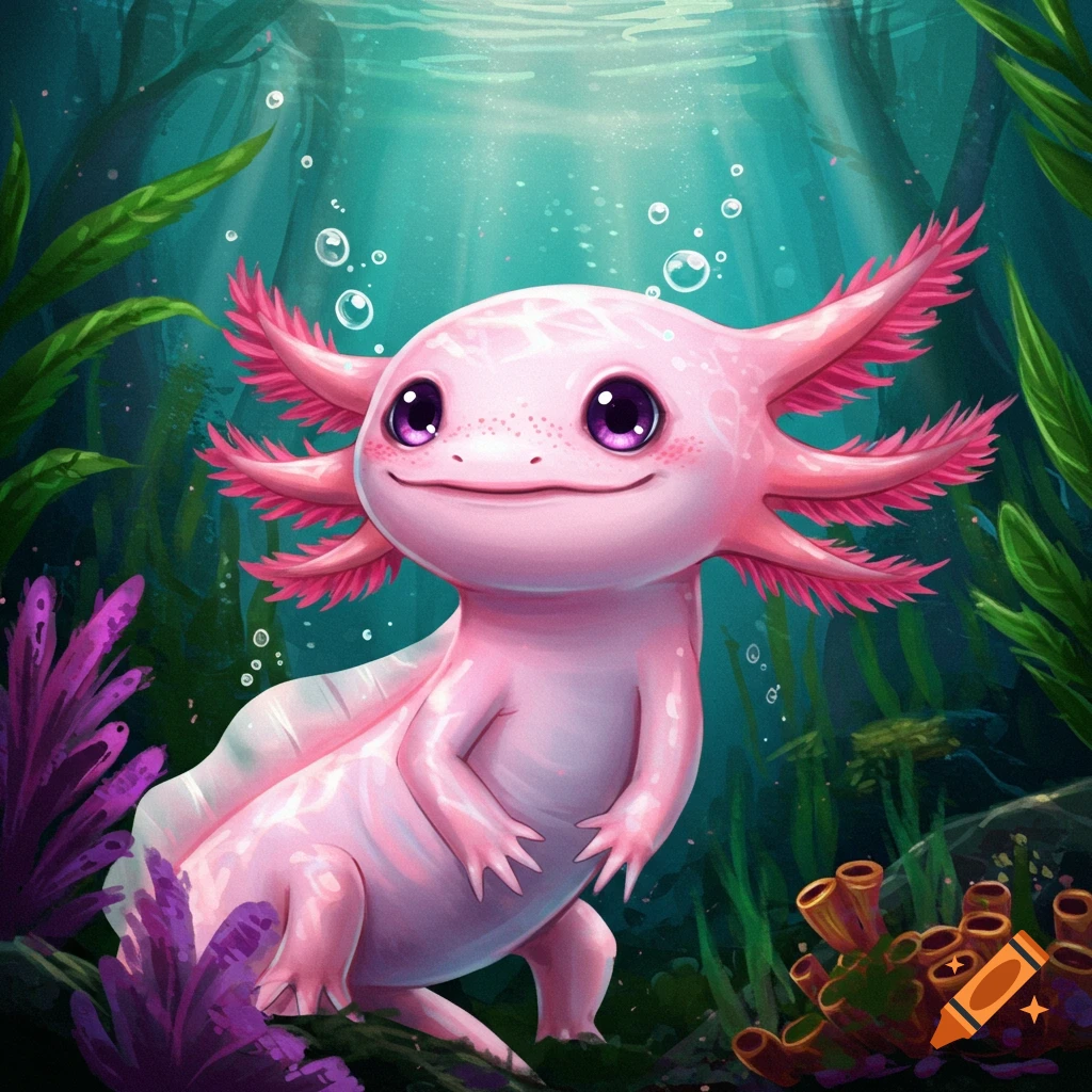 A cute, pink, cartoon axolotl with large purple eyes underwater among green and purple plants and bubbles.