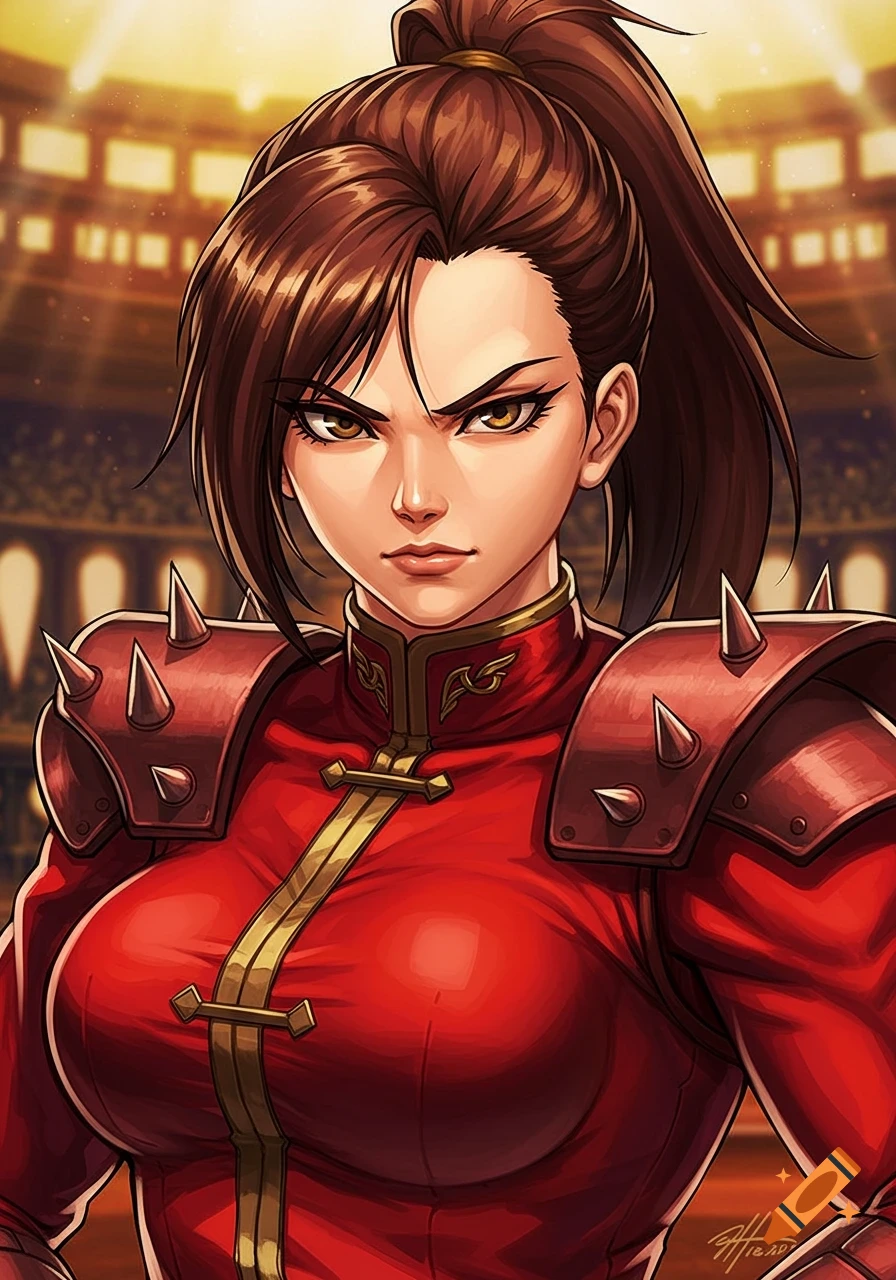 Anime-style woman with brown ponytail in a red armored outfit with spiked shoulders, standing in a brightly lit arena.
