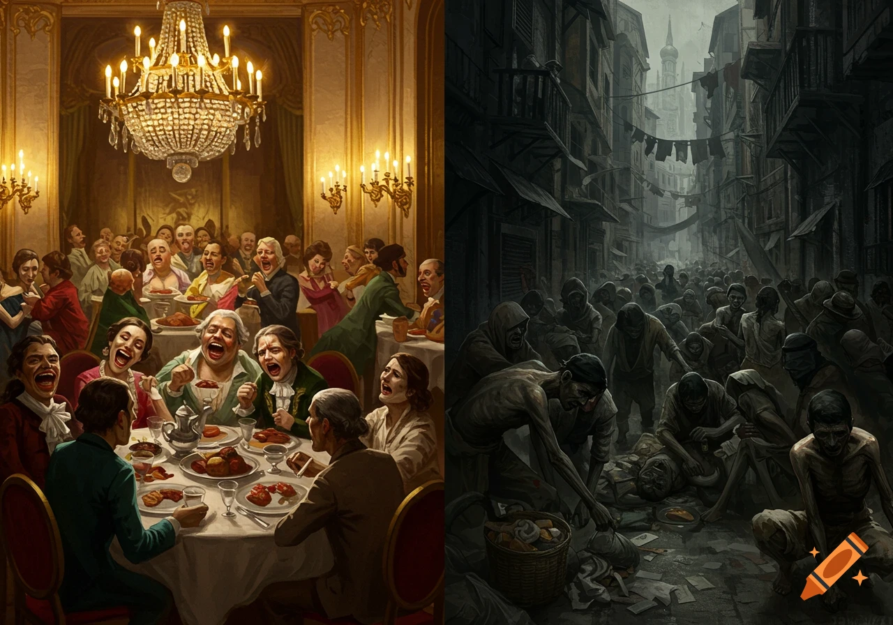 A diptych showing a stark contrast: on the left, wealthy people feast and laugh in an opulent room; on the right, emaciated poor people suffer in a grim, dark street.