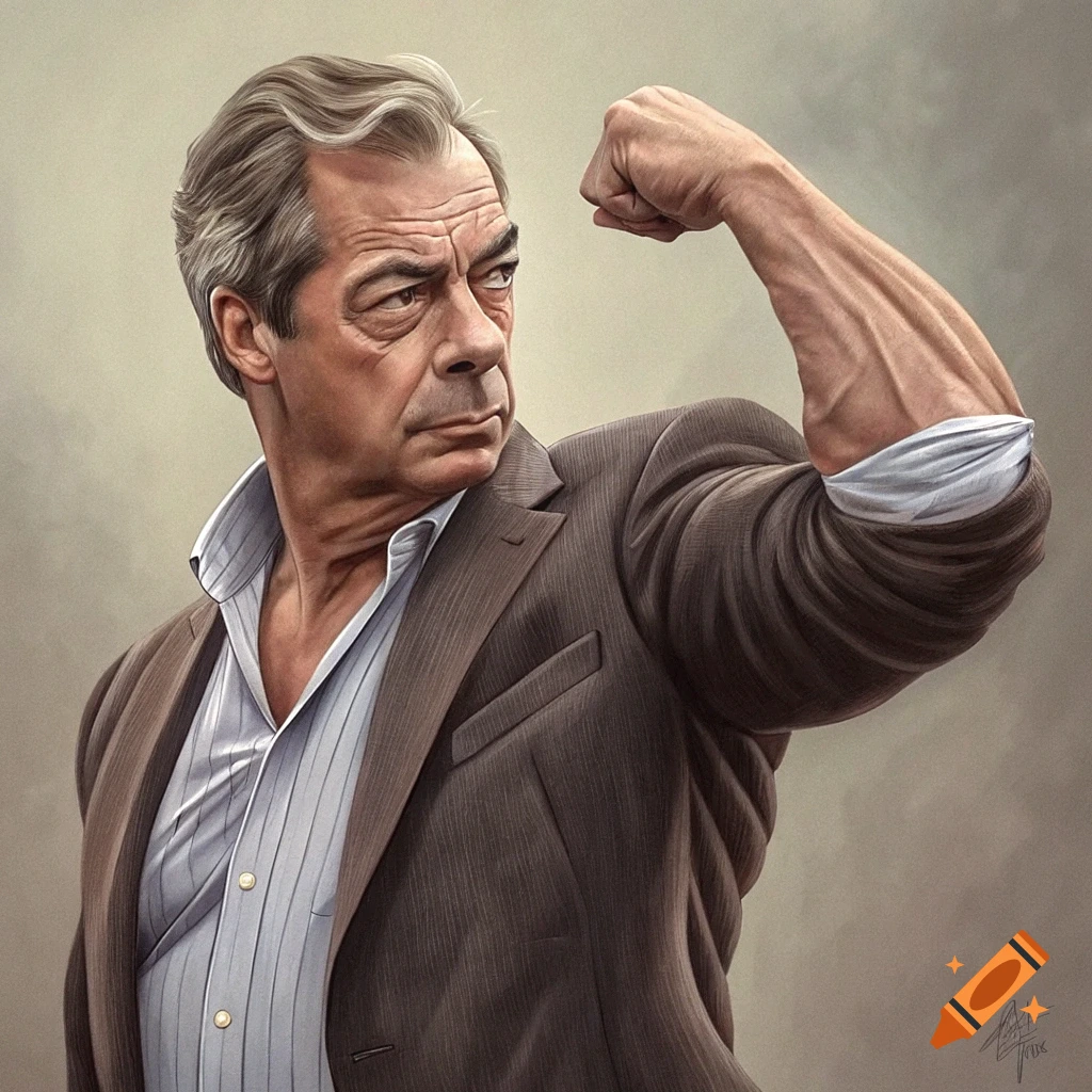 Realistic caricature of Nigel Farage flexing a muscular arm, wearing a brown suit jacket and an unbuttoned shirt.