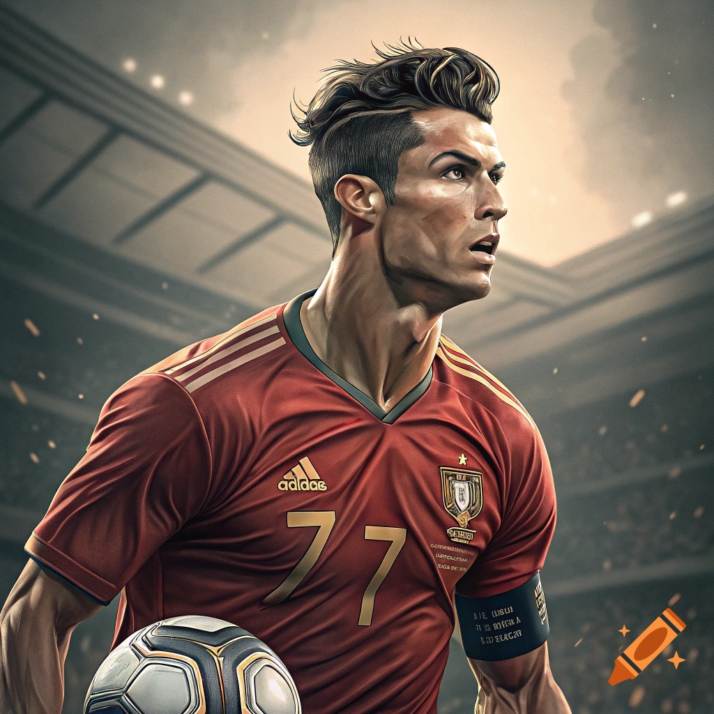 A stylized photorealistic illustration of Cristiano Ronaldo in a red soccer jersey with number 77, holding a ball in a stadium.