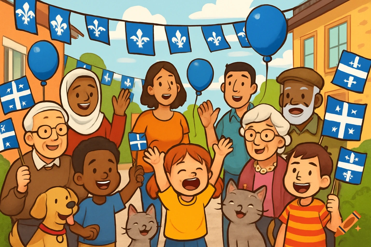 A vibrant cartoon scene of a diverse group of people of all ages, including children, adults, and seniors, along with a dog and cats, celebrating outdoors. Blue Quebec flags and balloons decorate the festive street setting.