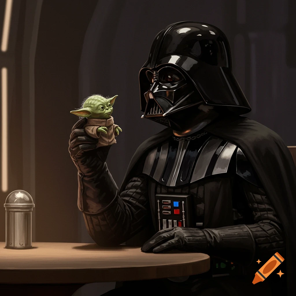 Darth Vader holds a small Baby Yoda in his gloved hand while seated at a table in a dimly lit room.