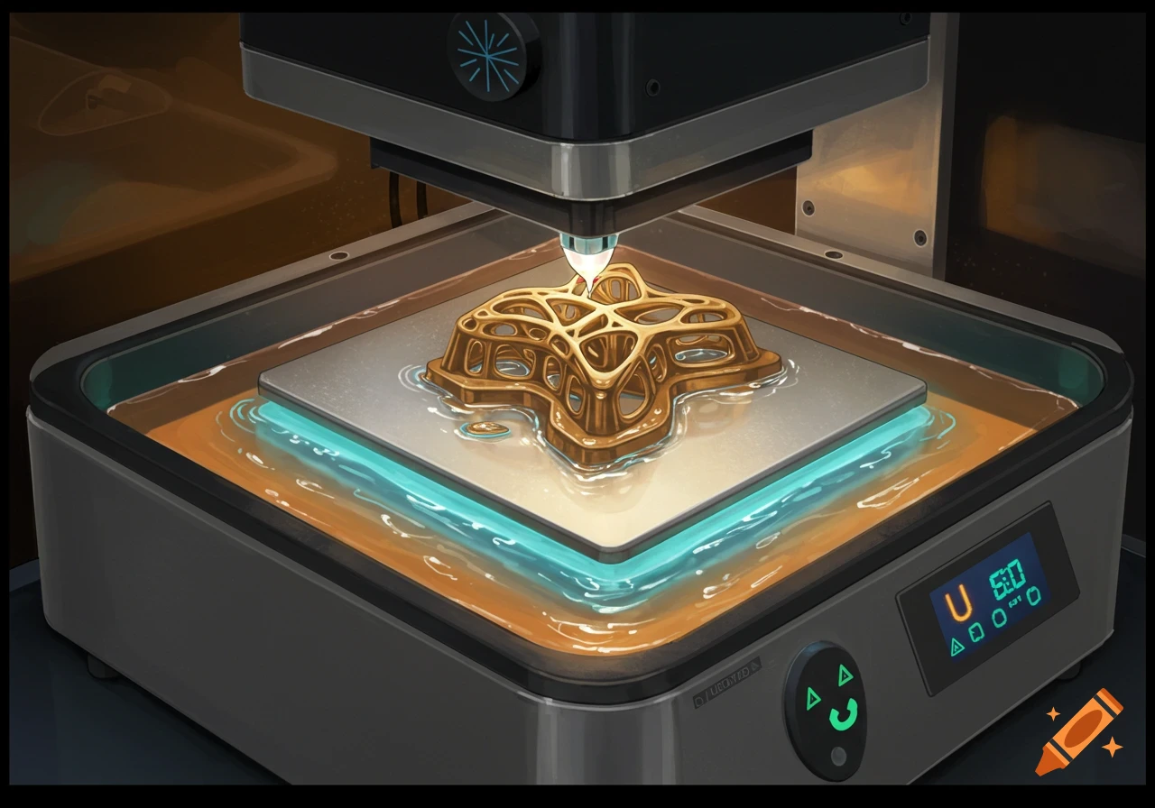 A stylized 3D printer in operation, depositing material onto an intricate golden object emerging from a vat of glowing resin, with blue light emanating from below.