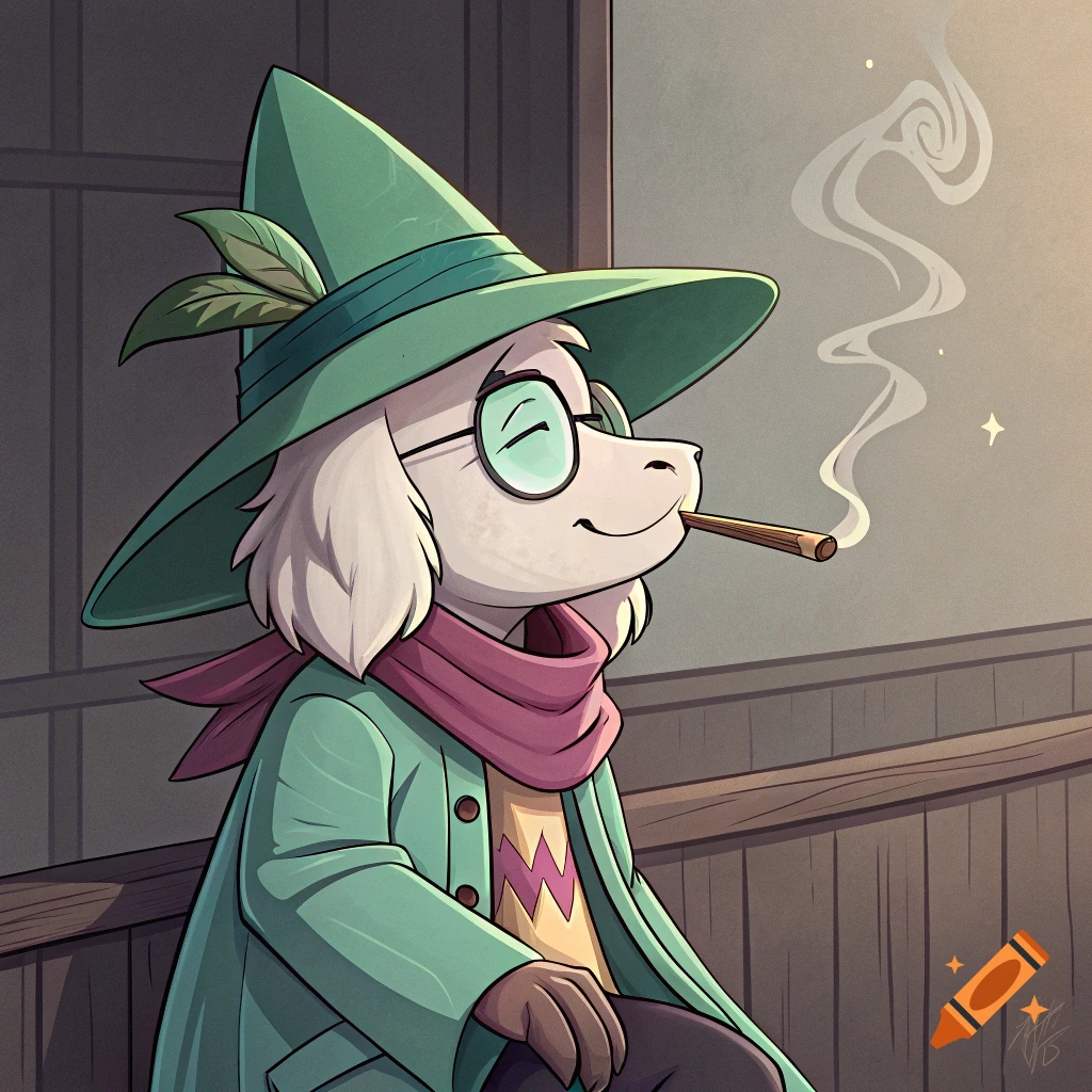 Anime-style Ralsei from Deltarune, a white anthropomorphic goat in a green wizard hat and coat, smoking a blunt on a balcony.