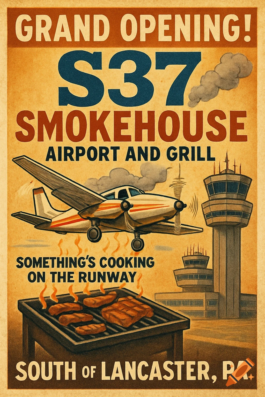 Vintage-style poster advertising S37 Smokehouse Airport and Grill with an airplane, control tower, and BBQ grill.