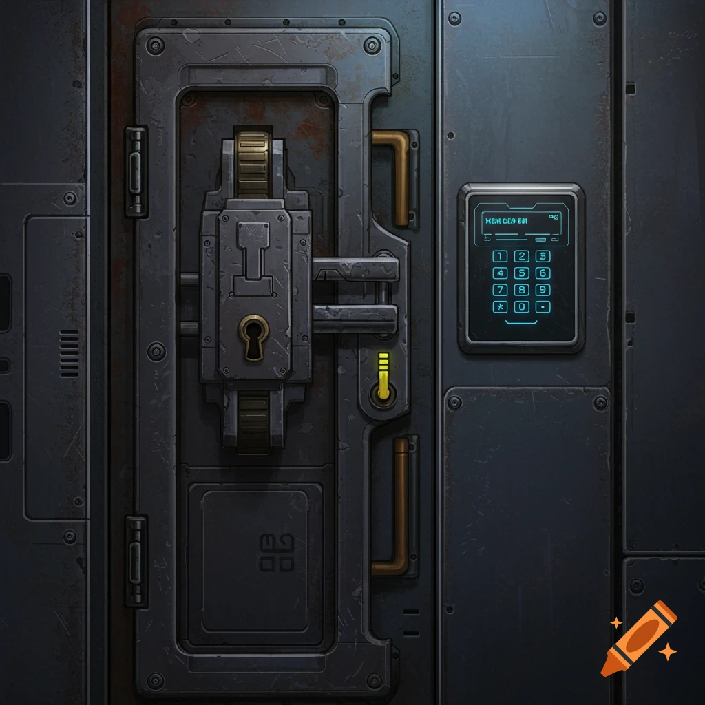 A detailed close-up of a heavy, dark grey sci-fi door with a large lock and a glowing blue security keypad.