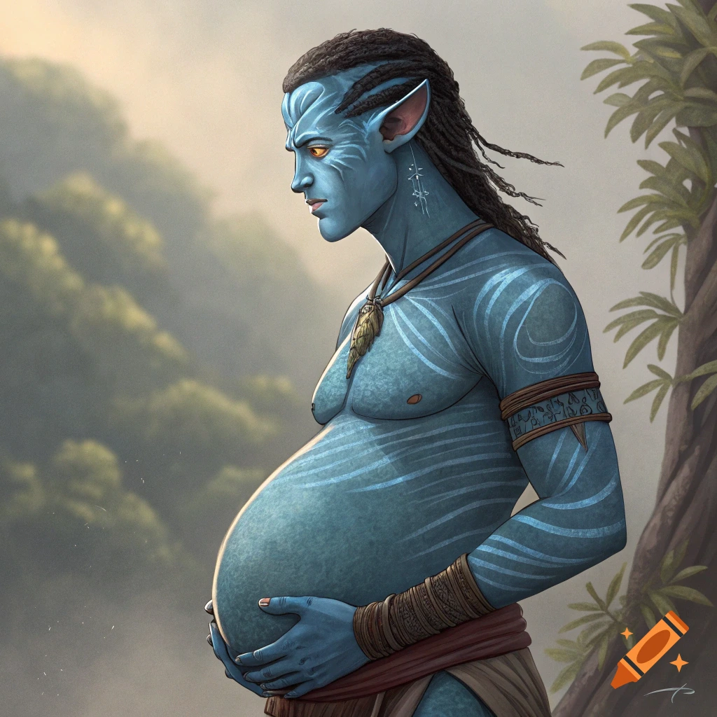 Pregnant blue-skinned male Na'vi character with dreadlocks and tribal markings, in a misty jungle.