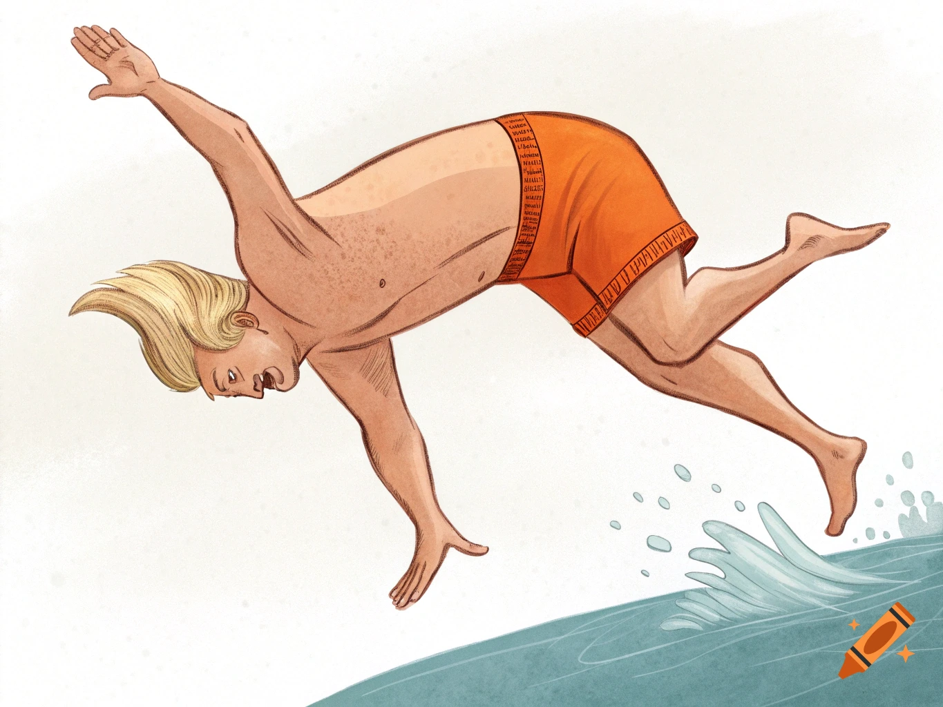 An illustration of a caricature of Donald Trump in orange swimming shorts diving headfirst into blue water.