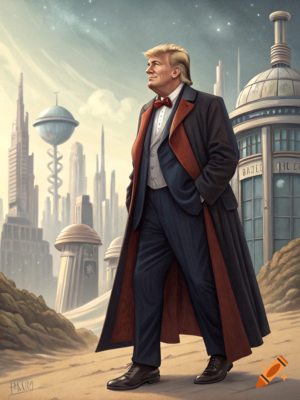 Donald Trump dressed as Doctor Who, wearing a long coat and bow tie, stands in a futuristic city on a desert-like planet, looking towards the sky.