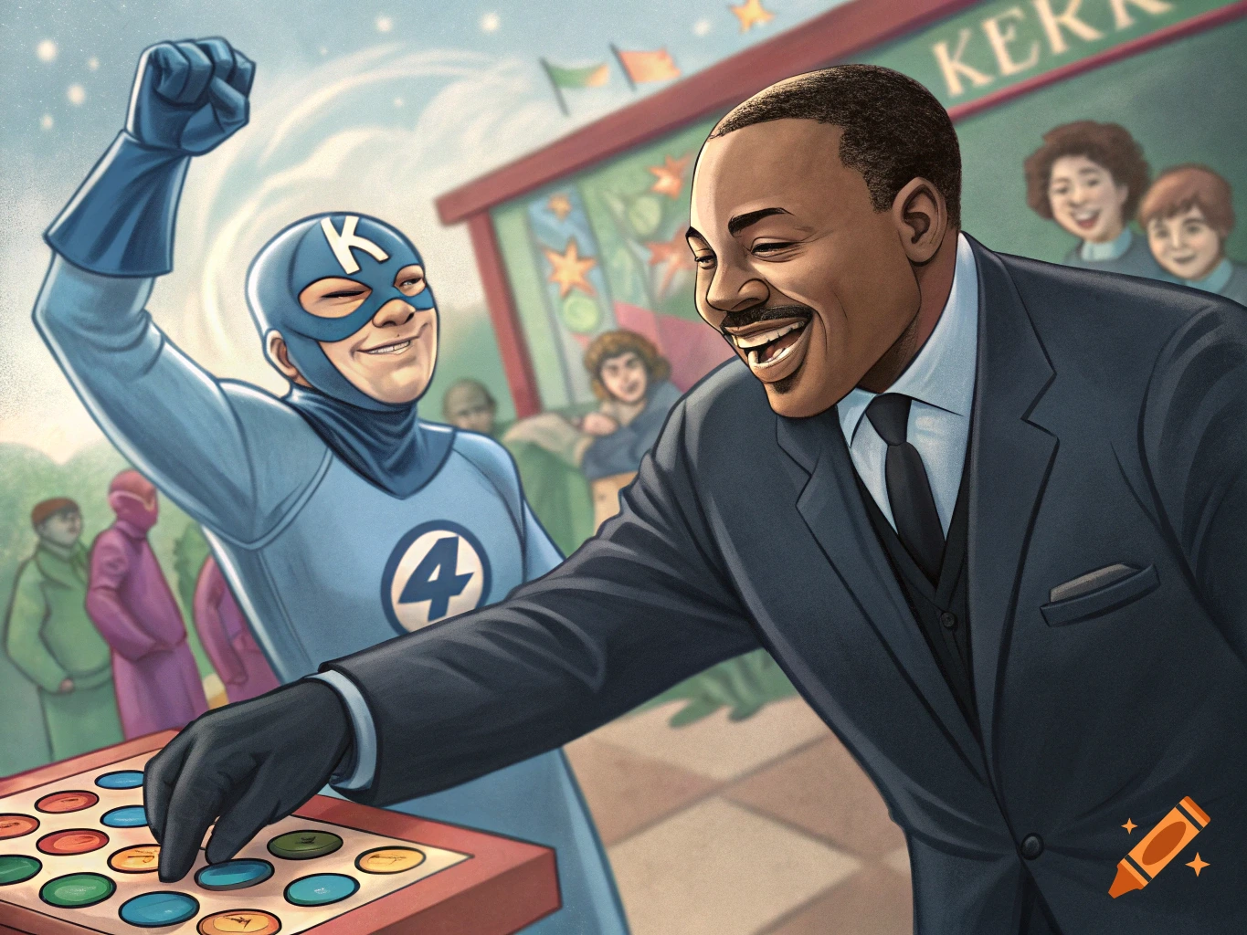 Martin Luther King Jr. laughs while playing a game with a superhero in a blue suit with a 'K' mask and '4' on the chest. Comic art.