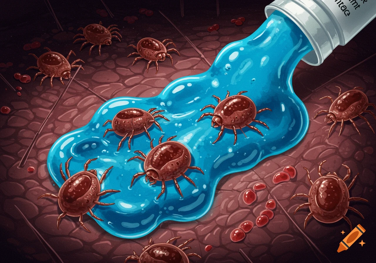 Illustrative close-up of brown ticks on skin being covered by blue topical ointment from a white bottle.