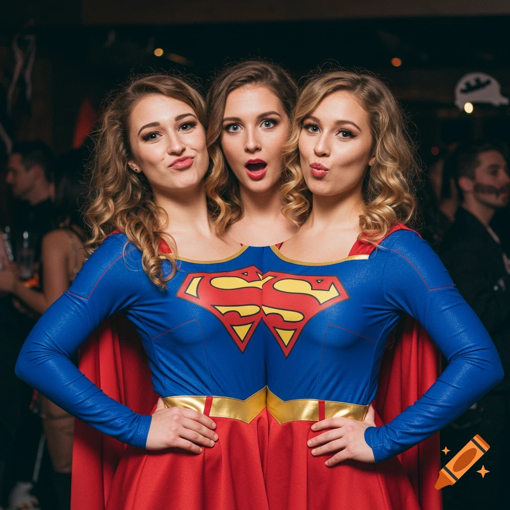 Two women in a conjoined Supergirl costume at a Halloween party, creating a two-headed illusion.