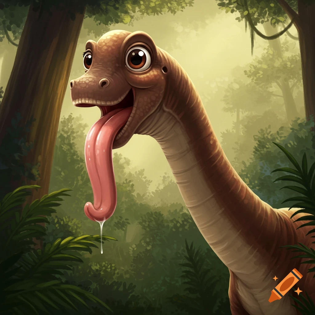 A cartoon sauropod dinosaur with a long, wet tongue hanging out in a lush jungle.