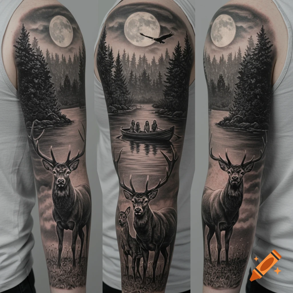 Black and grey realism arm tattoo of a night forest scene with a large stag, a small deer, a river, a boat, and a full moon.