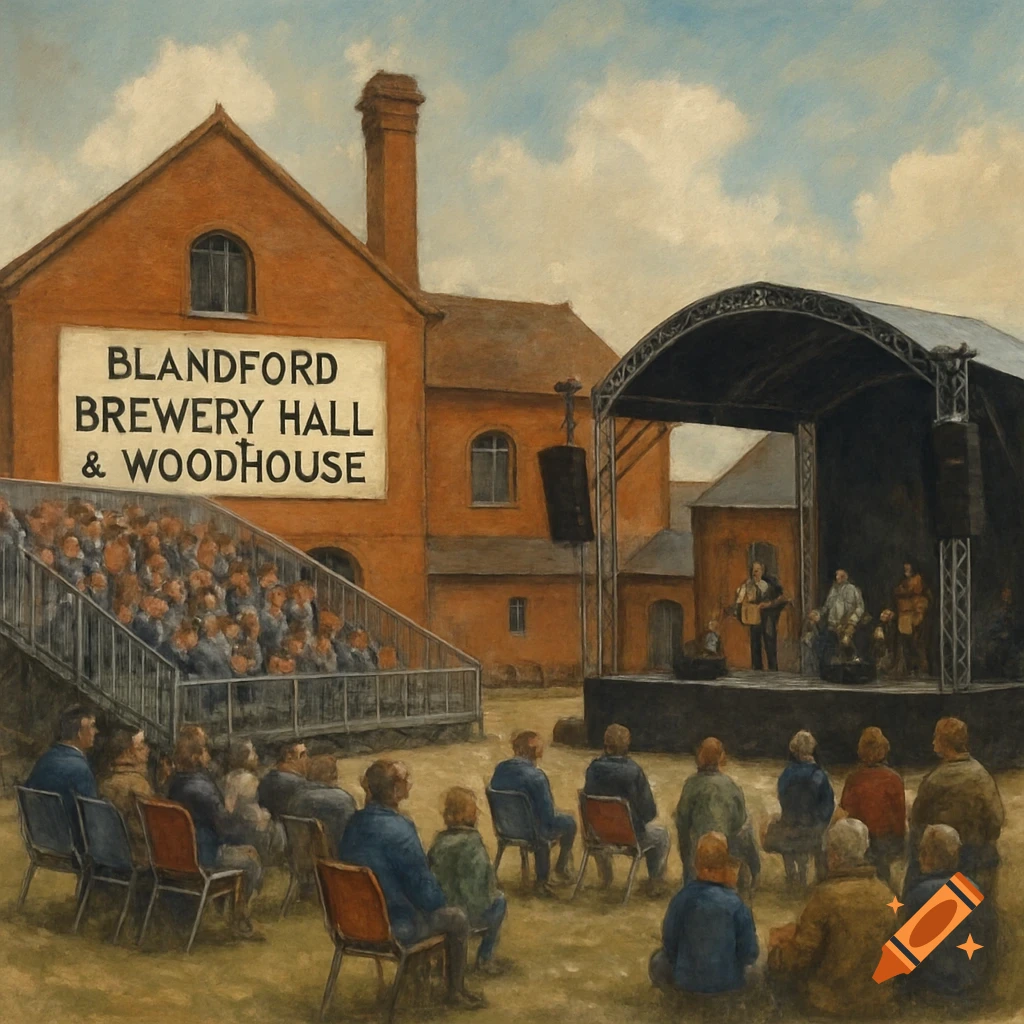 A painted scene of an outdoor music event at Blandford Brewery Hall, with people seated watching a band on stage and a large building in the background.