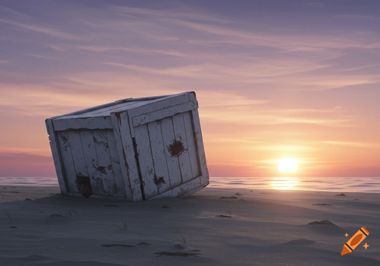 A large, weathered white wooden crate sits tilted on a sandy beach at sunset, with calm ocean waves in the distance under a purple and orange sky.