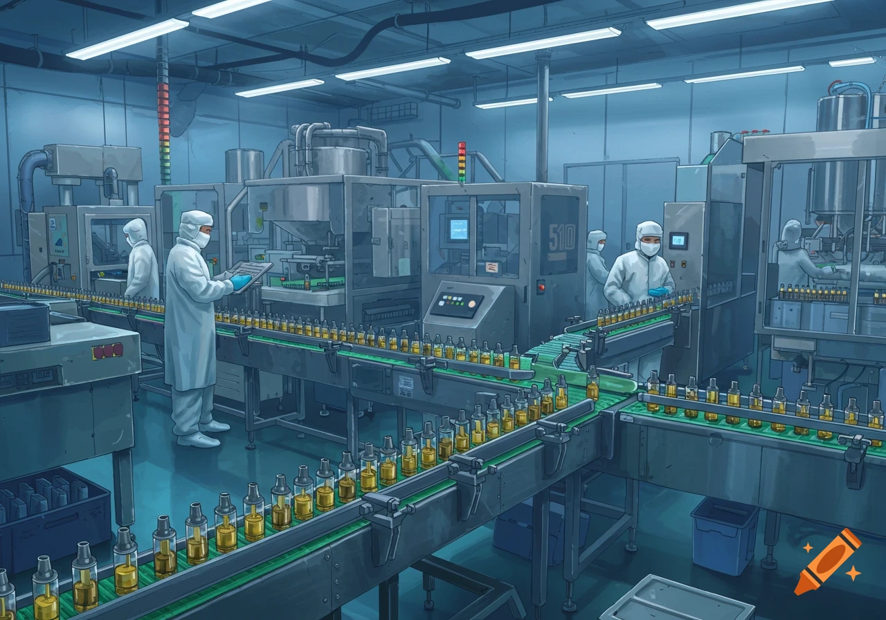 An illustrative image of a production line in a factory, with workers in clean suits overseeing bottles on a conveyor belt.