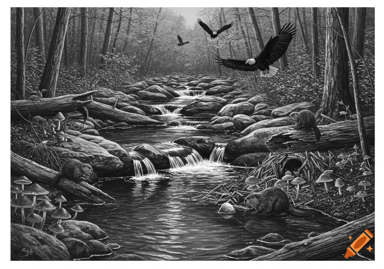 Monochromatic forest stream scene with beavers, mushrooms, and eagles flying overhead.