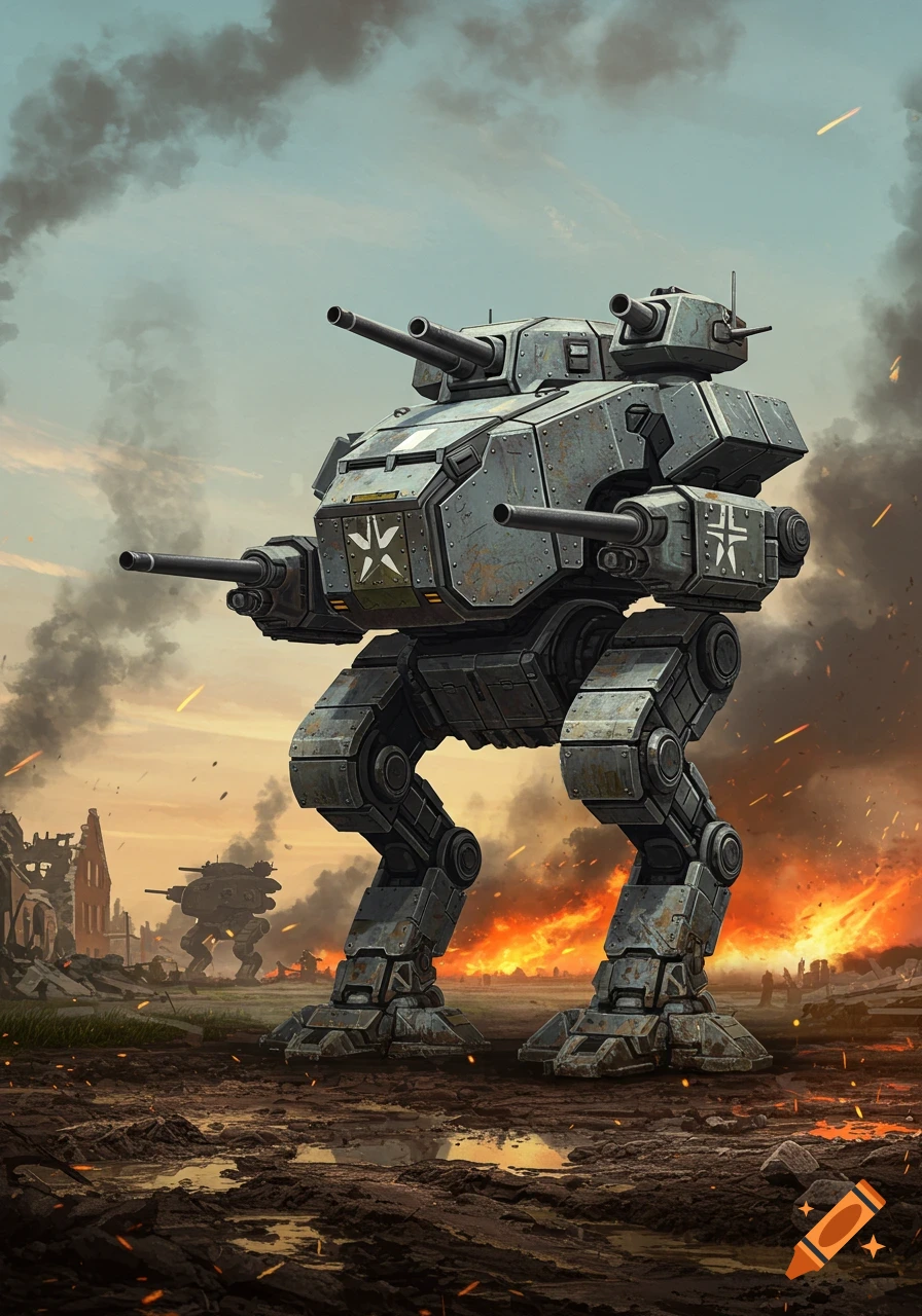 A massive, grey armored mech with multiple cannons stands in a smoky, war-torn landscape with explosions in the background, digital art.