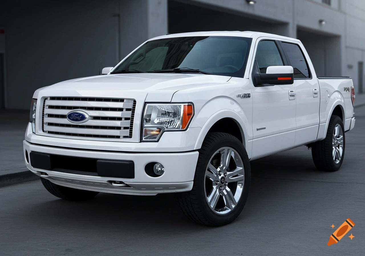A white Ford F-150 Platinum truck is parked at a slight angle in a modern urban setting.