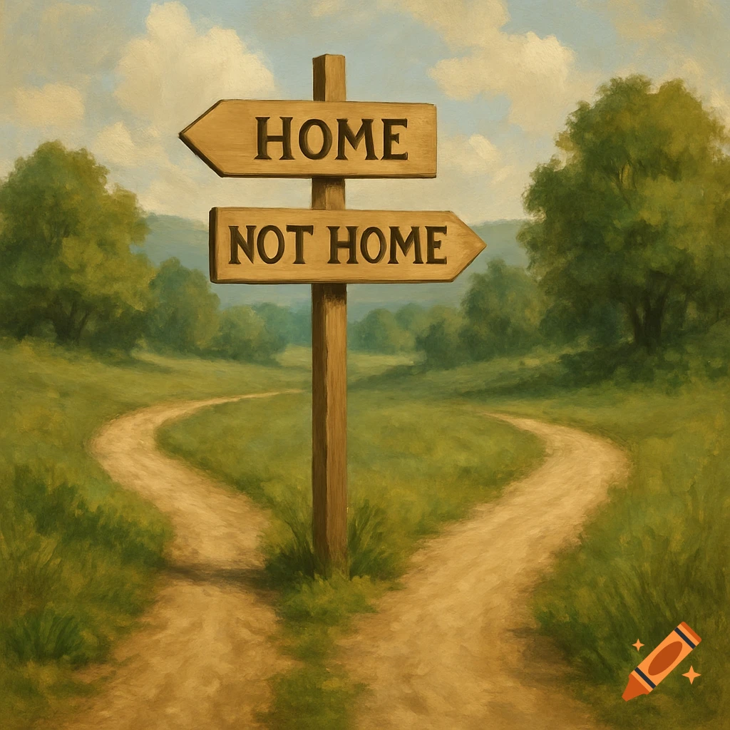 A wooden signpost at a fork in a dirt path. One sign points left to "HOME", the other right to "NOT HOME". Green landscape, cloudy sky, painterly style.
