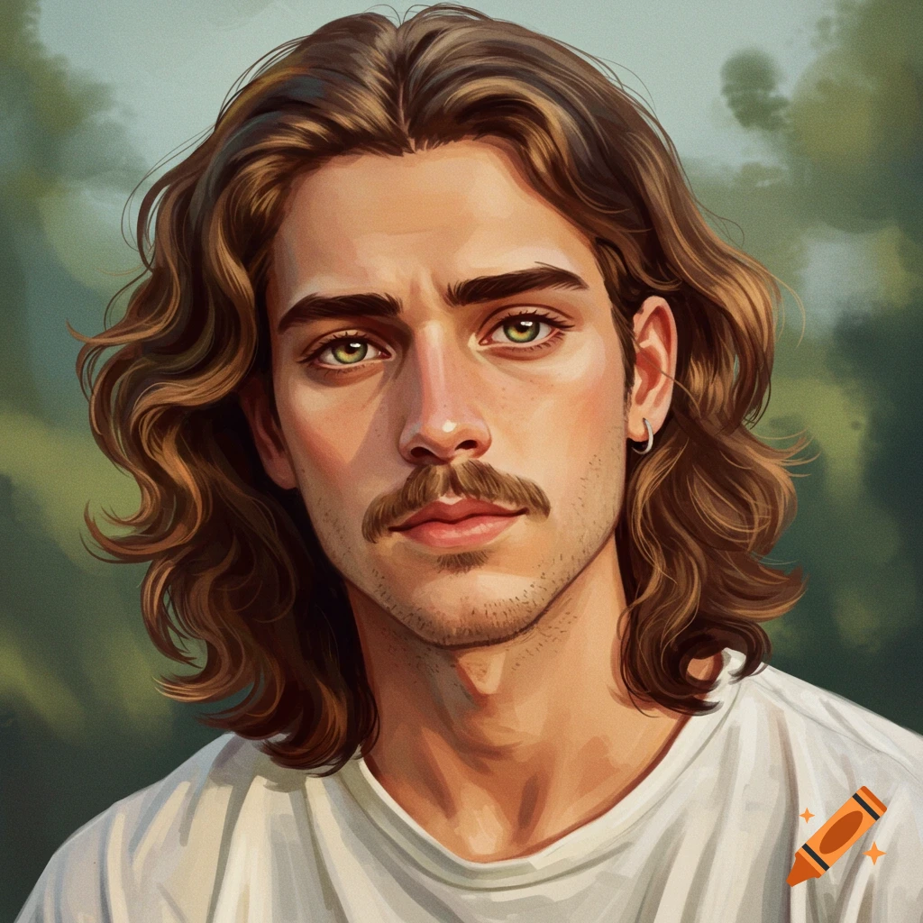 Stylized portrait of a young man with long wavy brown hair, green eyes, and a mustache, wearing a white shirt against a blurry green background.