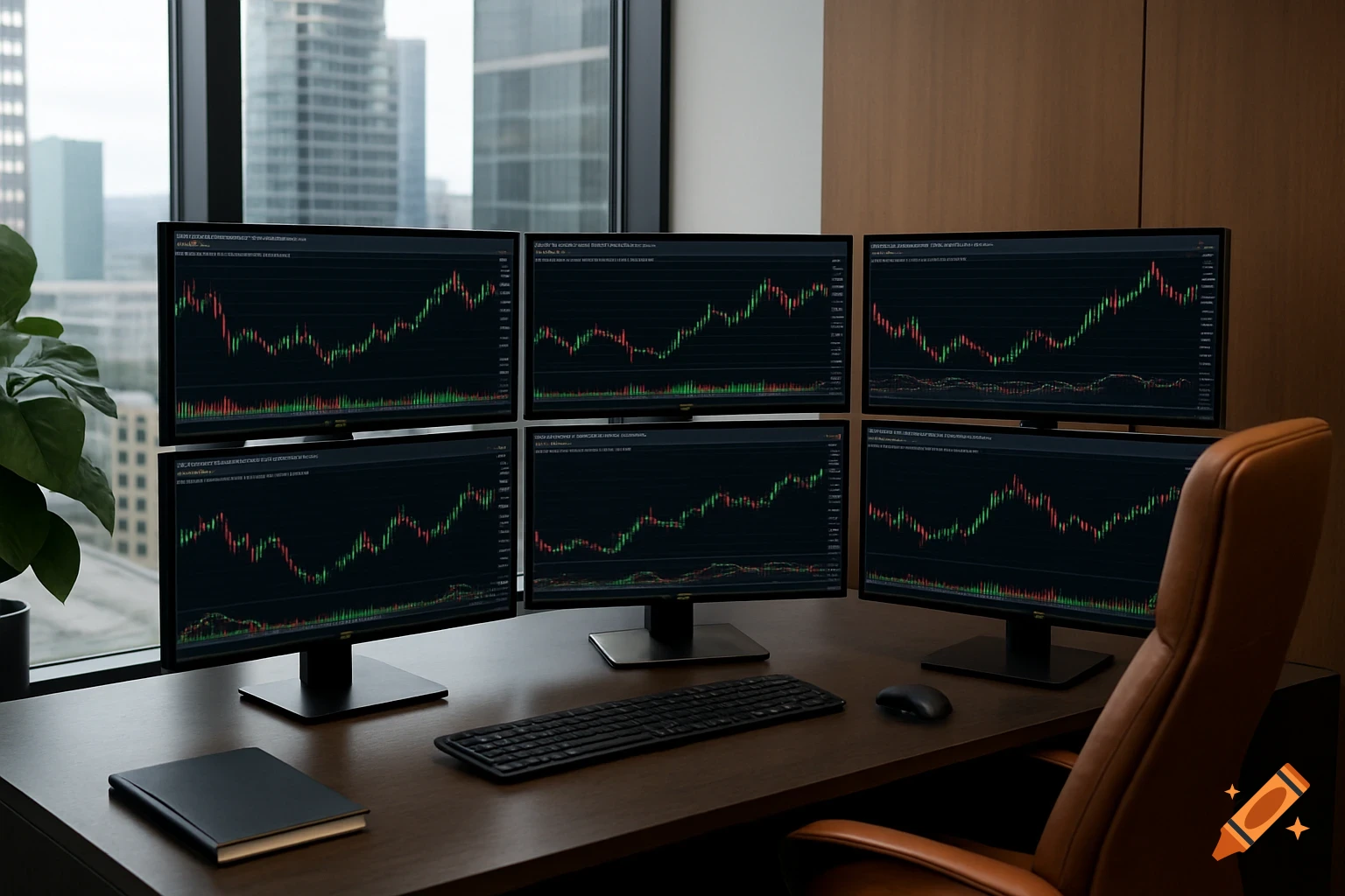 A high-end office desk with six monitors displaying stock trading graphs, a keyboard, mouse, and a notebook. A window overlooks city buildings.
