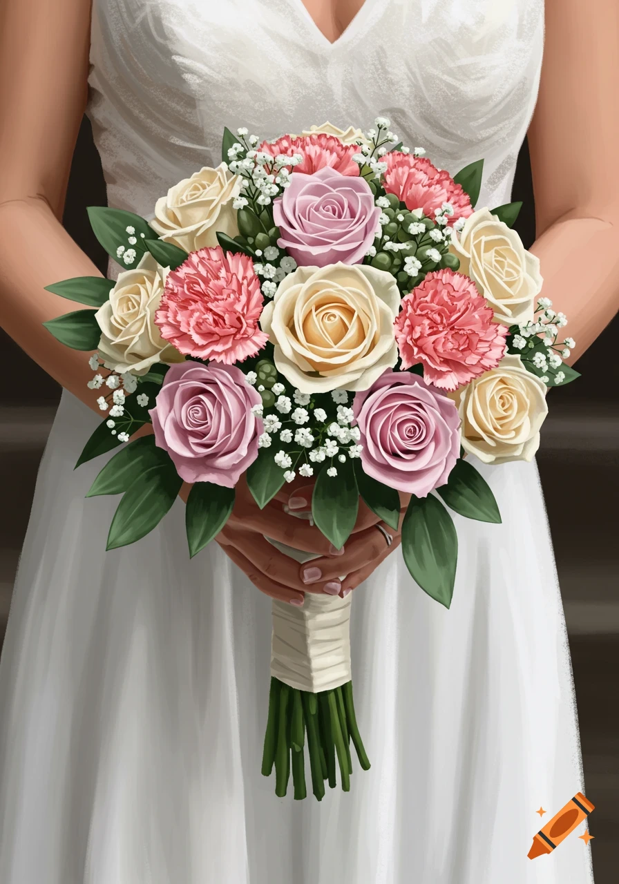 A bride holds a round wedding bouquet with pink and white roses, pink carnations, and baby's breath.