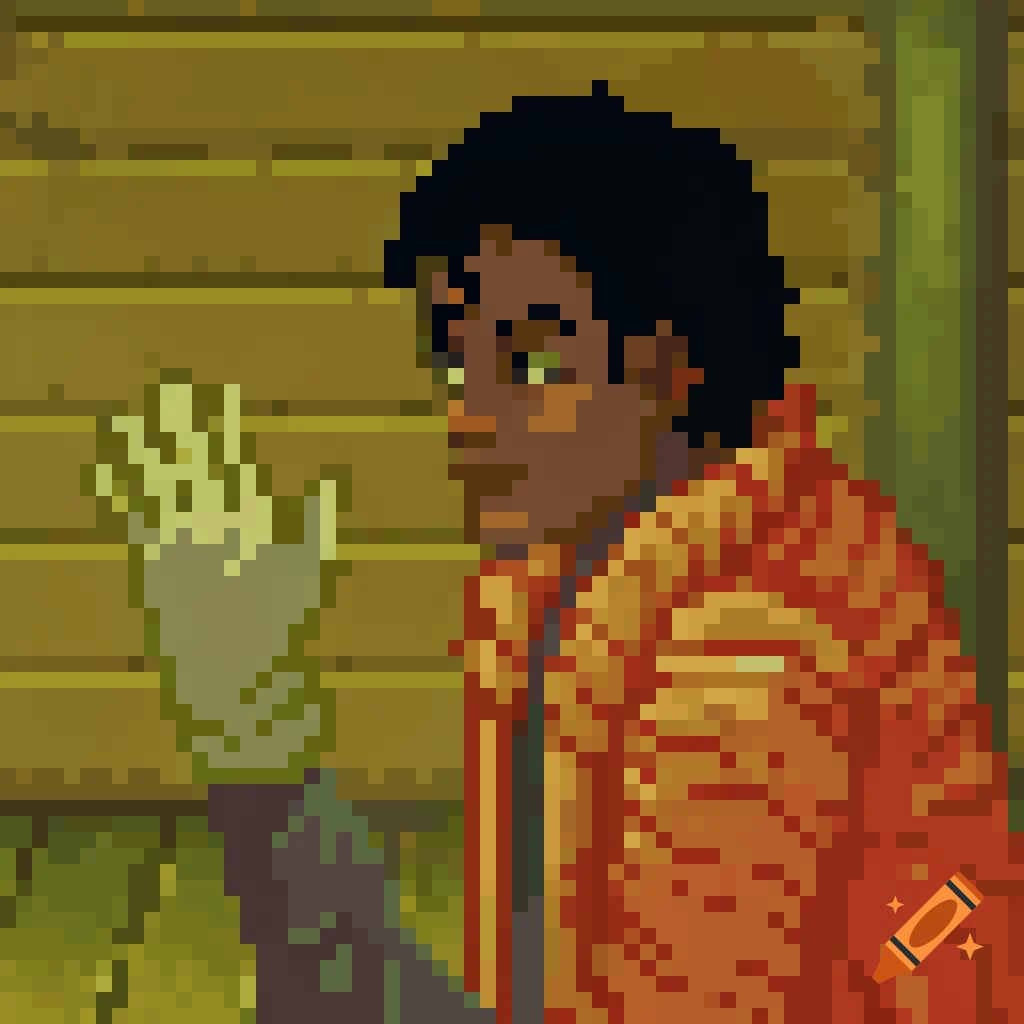 Pixel art portrait of a dark-skinned person, possibly Michael Jackson, in an orange jacket, holding a light-colored object.
