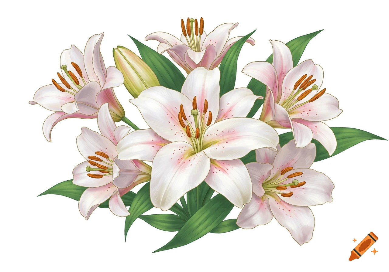 A vibrant bouquet of white and pink lilies with green leaves against a pure white background in an illustrative style.