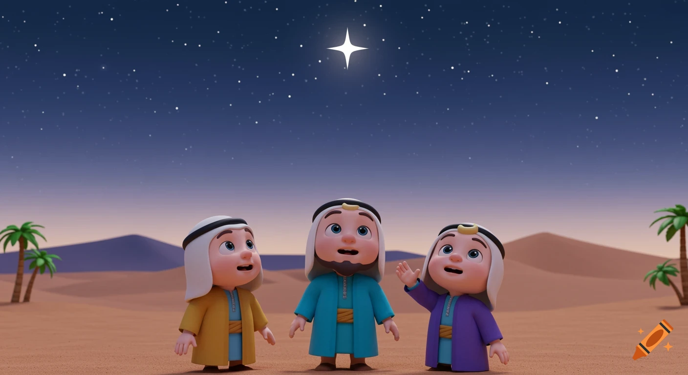 Cocomelon-style cartoon of three Middle Eastern men in colorful robes looking up at a shining star in a desert at night with palm trees.
