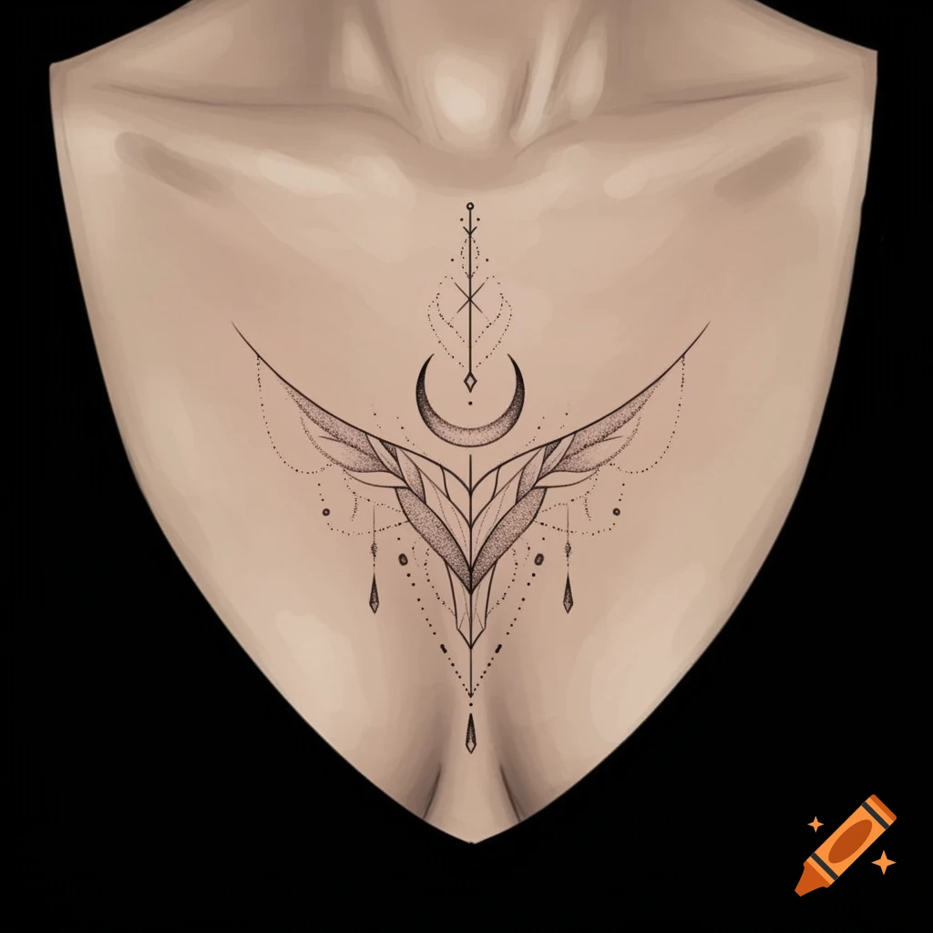 A minimalistic, geometric sternum tattoo featuring a V-shape, crescent moon, and fine-line dotwork.