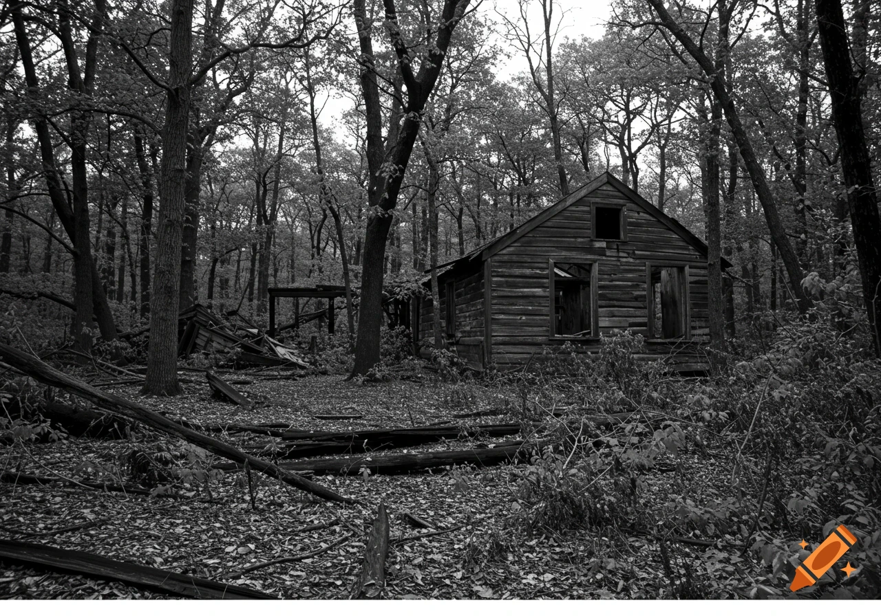 Black and white photo of an abandoned, decaying wooden cabin in a dense, overgrown forest.