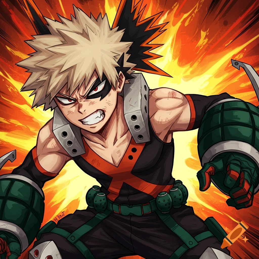 Anime illustration of Bakugo Katsuki from My Hero Academia, in his hero costume, with a fierce expression and explosions in the background.