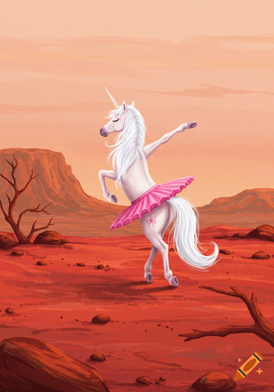 A white unicorn wearing a pink tutu dances on its hind legs in a red, barren Martian landscape.