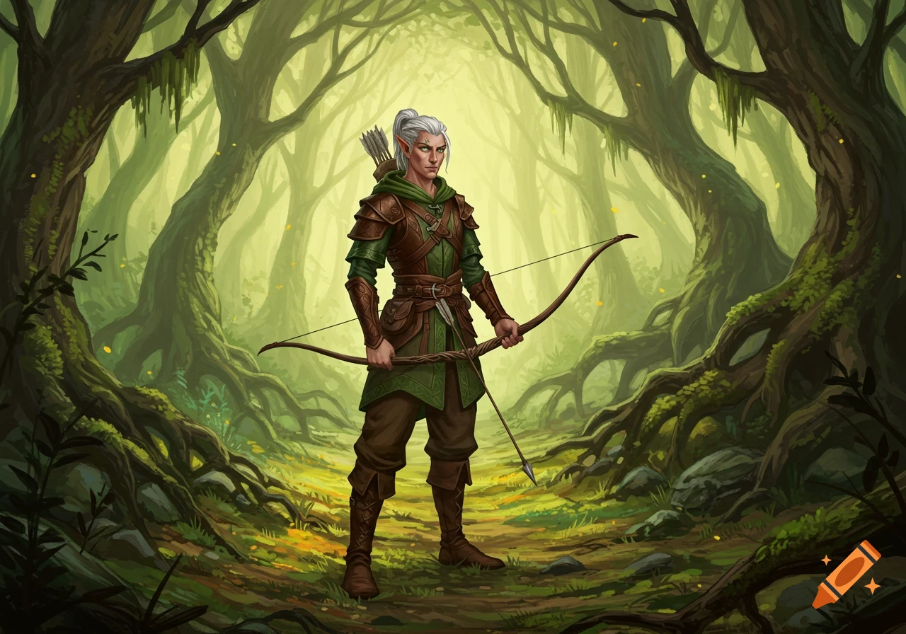 A gray-haired wood elf ranger holding a bow stands in a lush, mystical ...