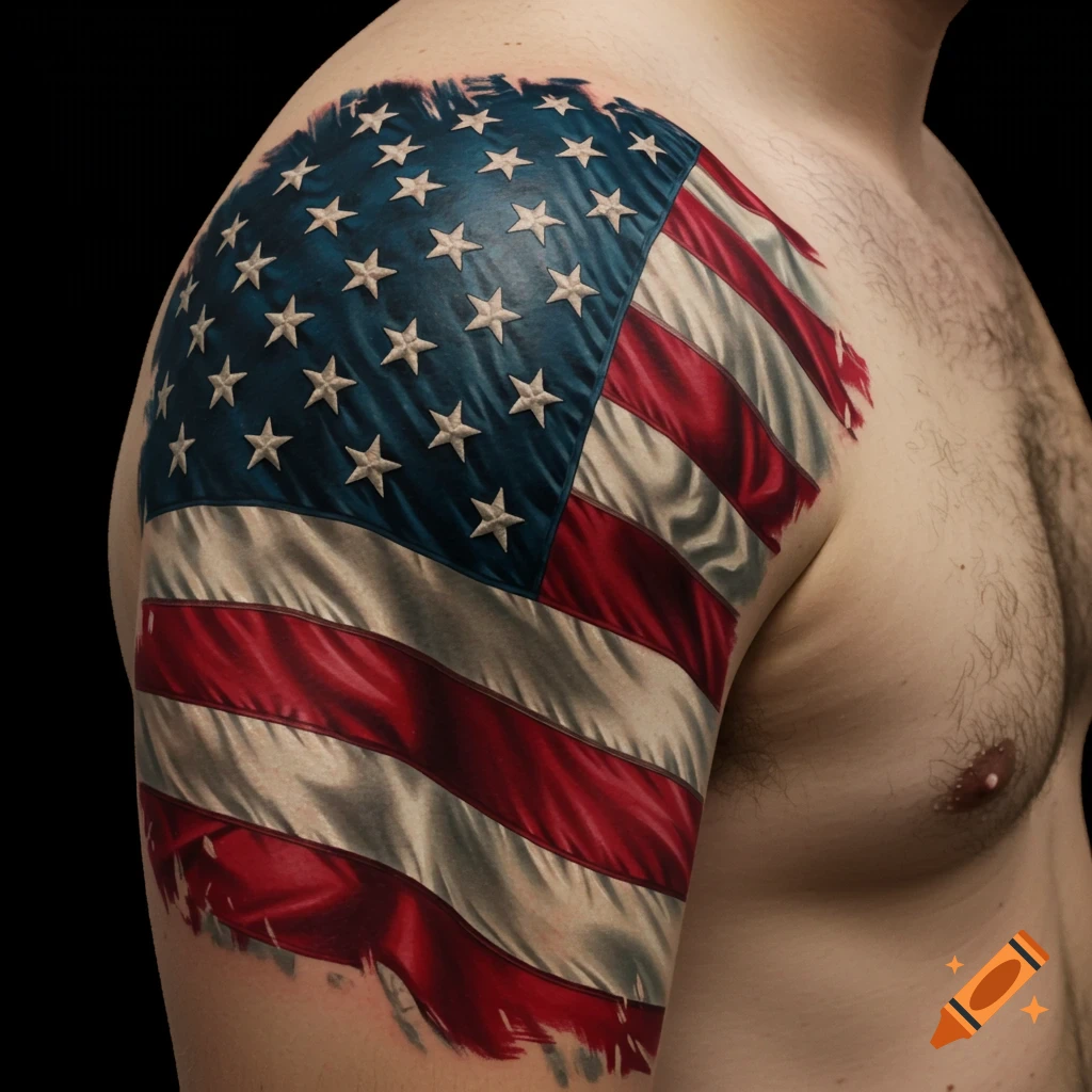 A photorealistic American flag tattoo covers a man's shoulder with a distressed design.