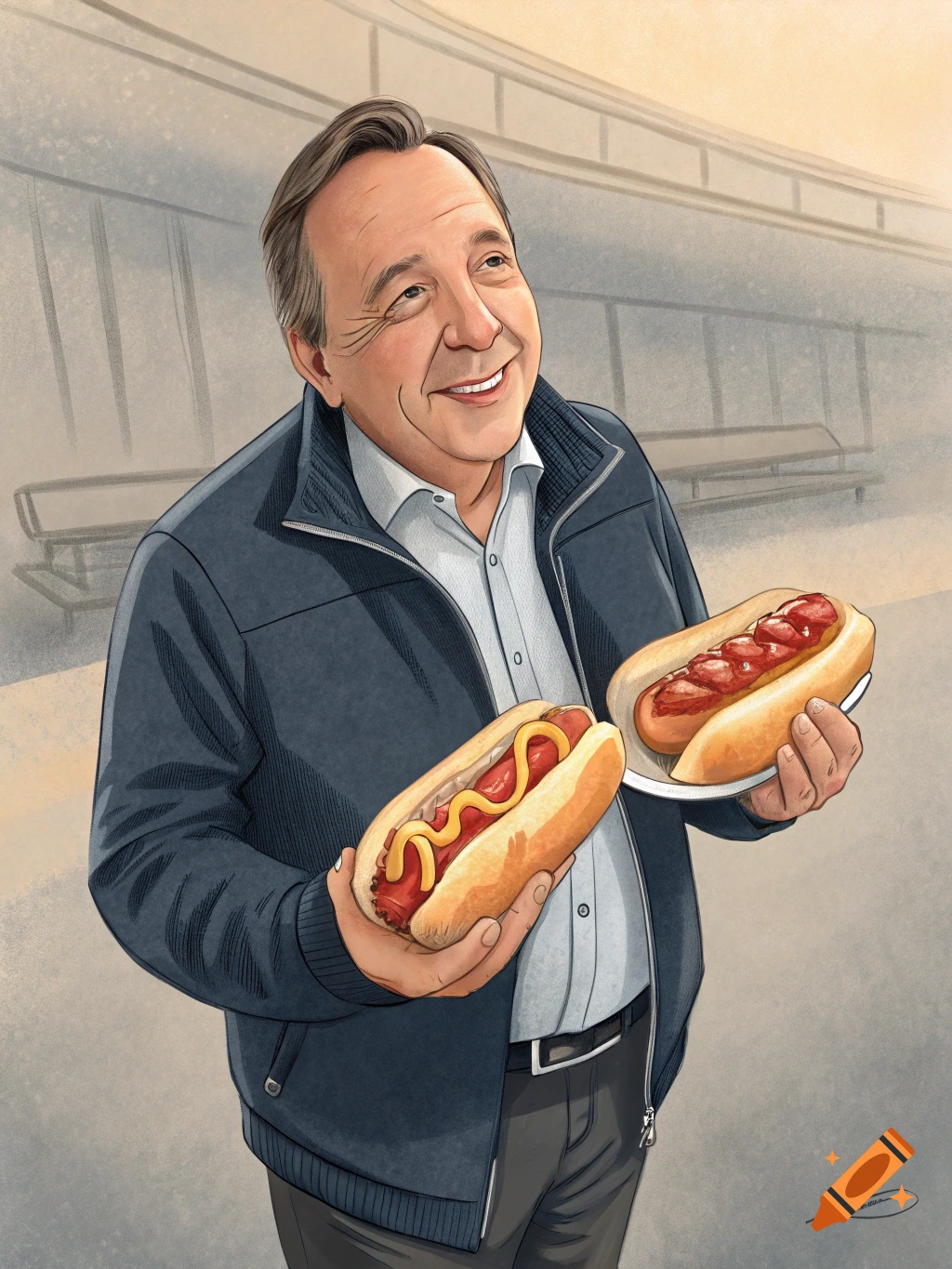 An illustration of a smiling man resembling Fran 00e7ois Legault holding two hot dogs, one with mustard and one with ketchup.