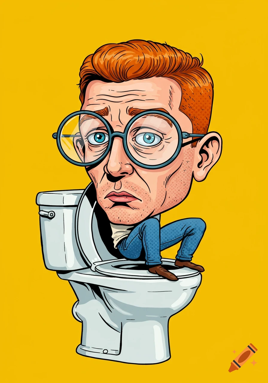 Caricature illustration of a ginger man with a big head and circular glasses sitting on a toilet against a yellow background.