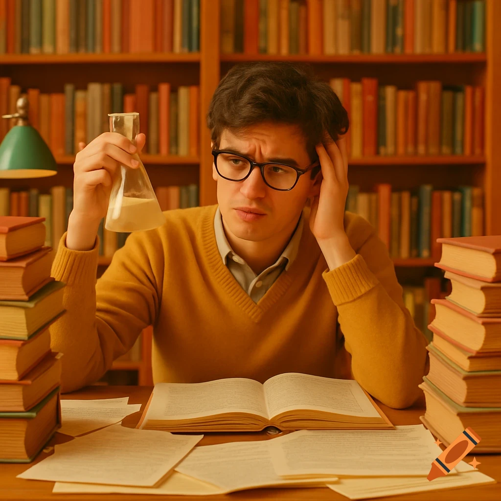 Confused young man in glasses holds a beaker while studying amidst books and papers in a library, Wes Anderson style.