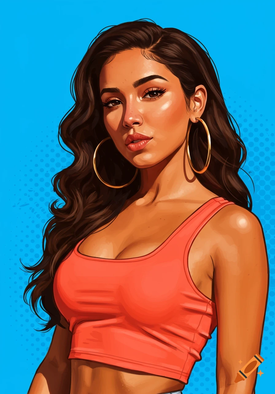A pop art style portrait of a woman with dark wavy hair, tanned skin, and large gold hoop earrings, wearing a coral crop tank top against a blue halftone background.