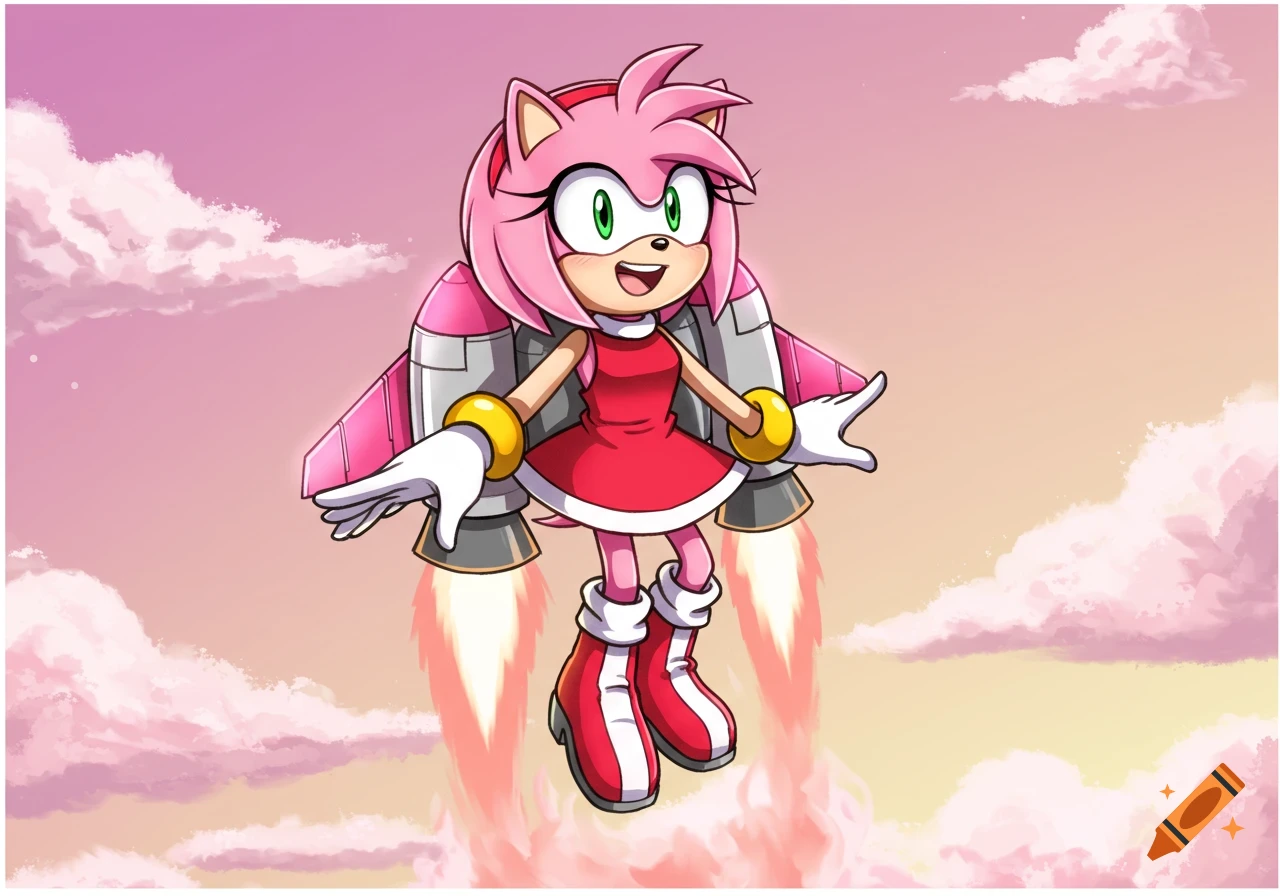Amy Rose, a pink hedgehog from Sonic, flying with a pink jetpack against a pastel sky.