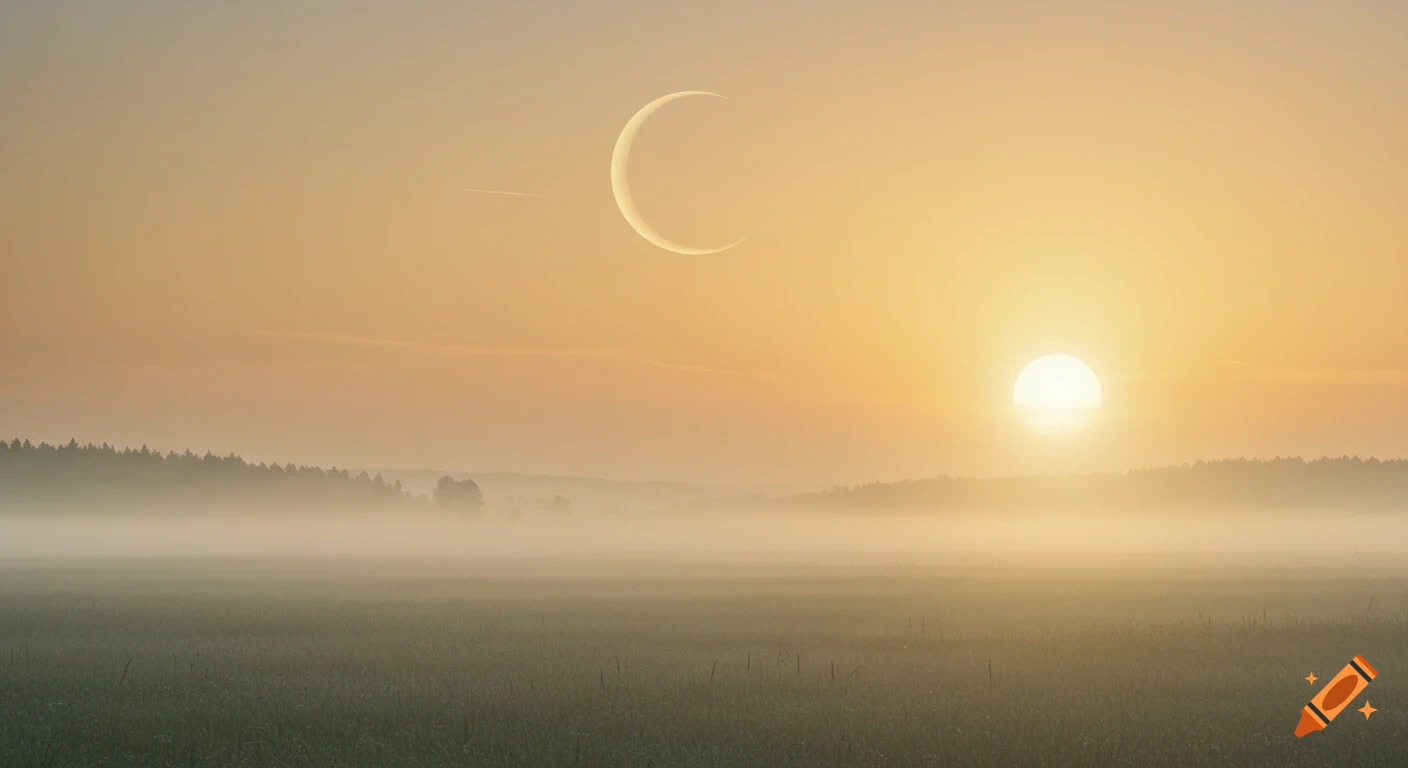 A tranquil misty field at sunrise with a crescent moon and rising sun in the golden sky above a dark forest.