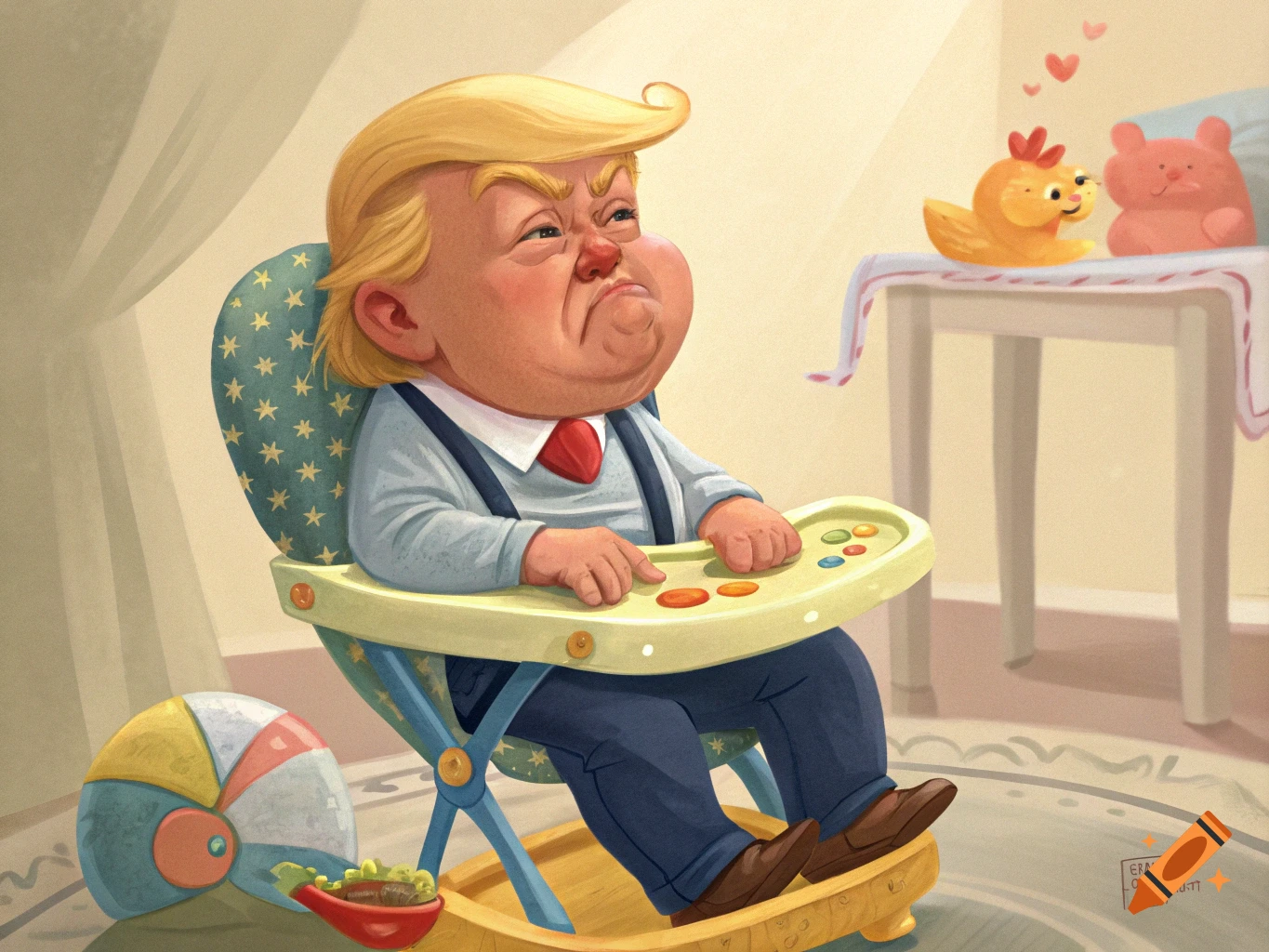 Cartoon illustration of Donald Trump depicted as a whining baby in a high chair, wearing a suit and red tie.