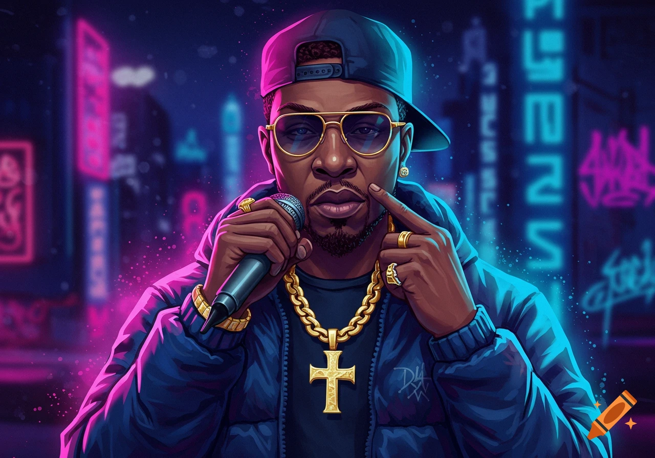 A stylized illustration of a drill rapper with a microphone, gold chains, and sunglasses, against a blurred neon-lit urban background.