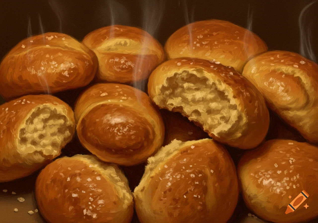Close-up digital painting of freshly baked golden-brown rolls with salt, some broken open with steam rising.