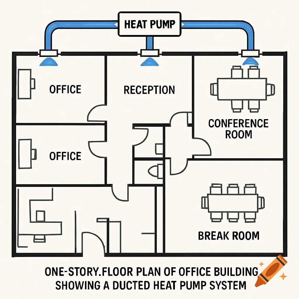 Floor plan of an office building showing rooms like office, reception, conference, break room, and a ducted heat pump system.